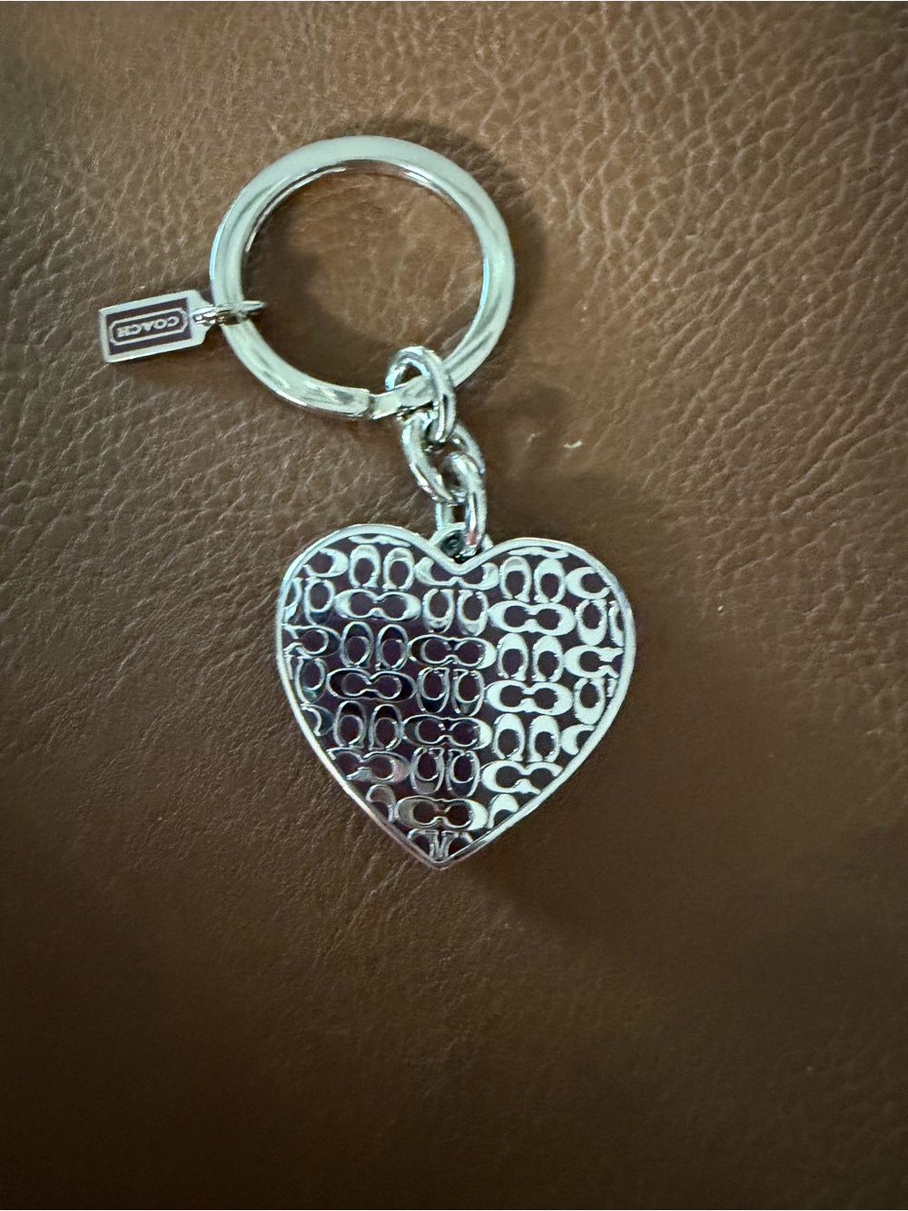 COACH Silver Heart Locket Keyring - Signature Pattern